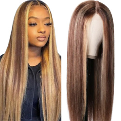 Julia Human Hair Straight Wigs Colored Blonde Highlights Wigs Pre Plucked Middle Part Lace Wigs With Baby Hair