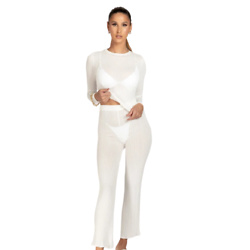 Ribbed Sheer Knit Wide Leg Trousers - White