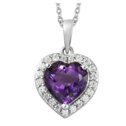 Mashamba Amethyst and Natural White Zircon Heart Pendant Necklace 20 Inches in Platinum