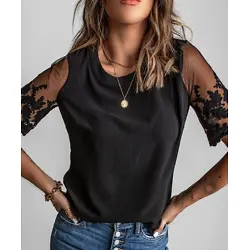 Black Floral Mesh-Sleeve Scoop Neck Top - Women