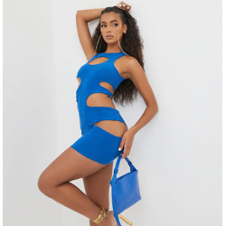 HIGH NECK EXTREME CUT OUT MINI BODYCON DRESS IN BLUE SLINKY