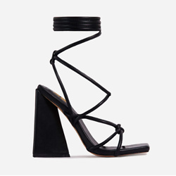 DATE-NIGHT KNOTTED DETAIL LACE UP SQUARE TOE SCULPTURED FLARED BLOCK HEEL IN BLACK FAUX LEATHER