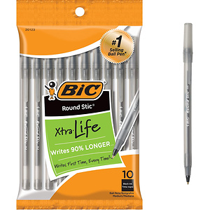 BIC Round Stic Xtra Life Ballpoint Pen, Medium Point, Black, 10-Count