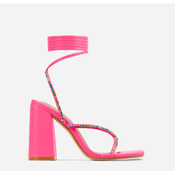 SANGAR LACE UP DIAMANTE STRAP DETAIL SQUARE TOE BLOCK HEEL IN PINK FAUX LEATHER