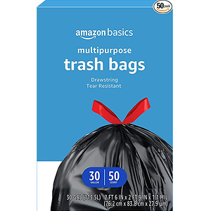 Amazon Basics Multipurpose Drawstring Trash Bags, 30 Gallon, 50 Count