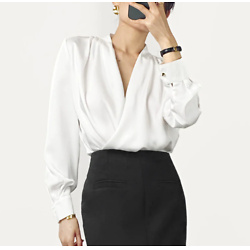 White Ruched Long Sleeve Surplice Blouse