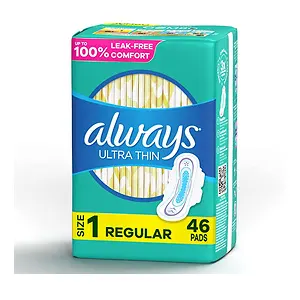 ALWAYS Ultra Thin Size 1 Regular Pads With Wings Unscented, 46 Count