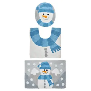 Holiday Time Snowman Blue Cotton/Polyester Bath Rug Set