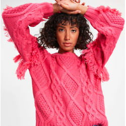 SUN GOES DOWN CABLE KNIT FRINGE PULLOVER SWEATER - MAGENTA