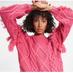 SUN GOES DOWN CABLE KNIT FRINGE PULLOVER SWEATER - MAGENTA 