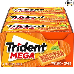 Trident Mega Tropical Twist Sugar Free Gum, 9 packs of 10 Pieces