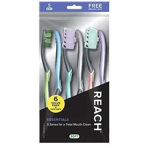 REACH Essentials Toothbrush and Brush Caps, Soft Bristles, Silver