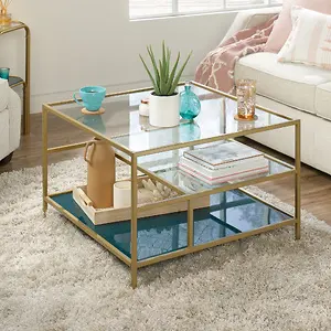 Sauder Coral Cape Square Glass Coffee Table with Shelves