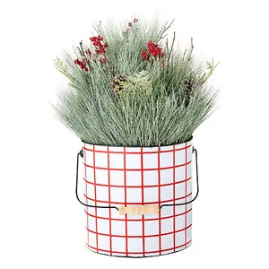 Holiday Time Red and White Plaid Bucket with Christmas Decoration