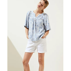 V-neck casual linen blouse with print