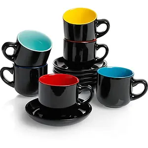 Teocera Porcelain Cappuccino Cups with Saucers - 6 Ounce