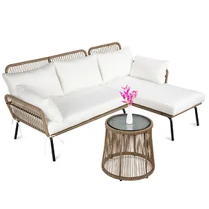 BCP Rope Woven Sectional L-Shape Sofa Set with Table