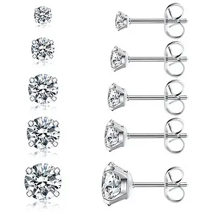 Wssxc 5Pairs Hypoallergenic Surgical Steel Cubic Zirconia Stud Earrings