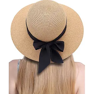 Womens Straw Hat Wide Brim Floppy Beach Cap Adjustable Sun Hat 
