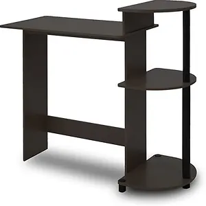 FURINNO Compact Computer Desk with Shelves, Round Side, Espresso/Black