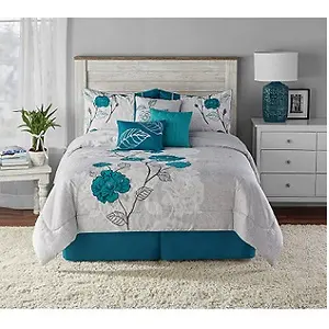 Mainstays 7-Piece Teal Roses Comforter Set Full/Queen