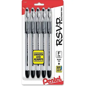 Pentel R.S.V.P. Ballpoint Pen, Fine Line, Black Ink, 5 Pack