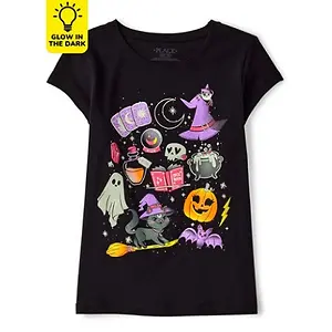 The Childrens Place Girls Glow Halloween Doodle Graphic Tee