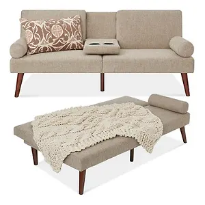 Fabric Upholstered Convertible Futon with Rounded Armrests