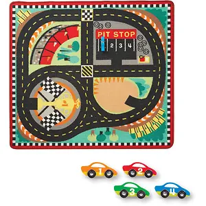 Melissa & Doug Round the Speedway Race Track Rug with 4 Race Cars