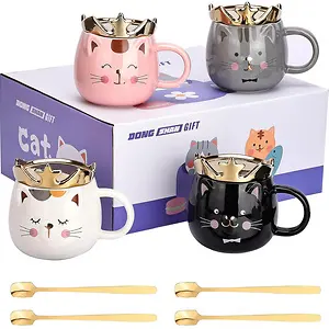 DONGSHANGIFT Cute Cat Mug Set of 4 Cute Crown Cat Mug Set