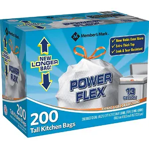 Member's Mark Power Flex Tall Kitchen Drawstring Bags, 200 Count