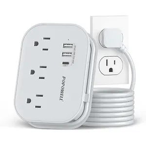 Popowell Flat Plug Power Strip- USB Travel Power Strip