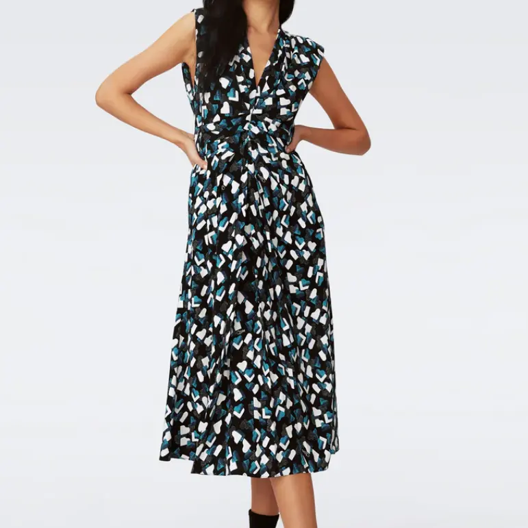 DVF Livia 绿白色钢琴剪影无袖连衣裙
