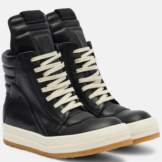 上新！RICK OWENS Geobasket 黑色皮革高帮运动鞋