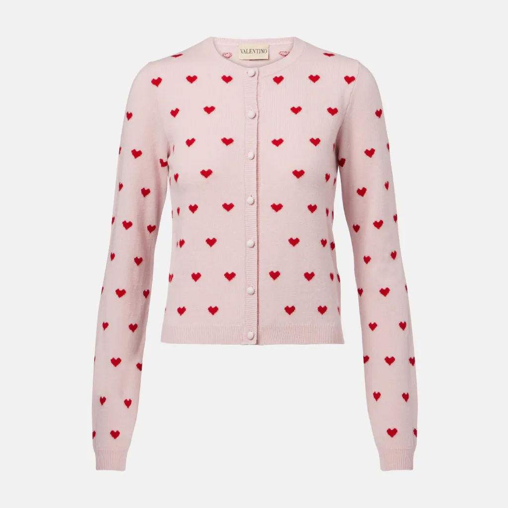 VALENTINO 华伦天奴 Jacquard 爱心印花粉色开衫