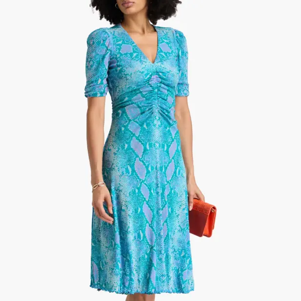 DVF Koren 蓝色蛇纹/粉蓝阳光小雏菊图案连衣裙