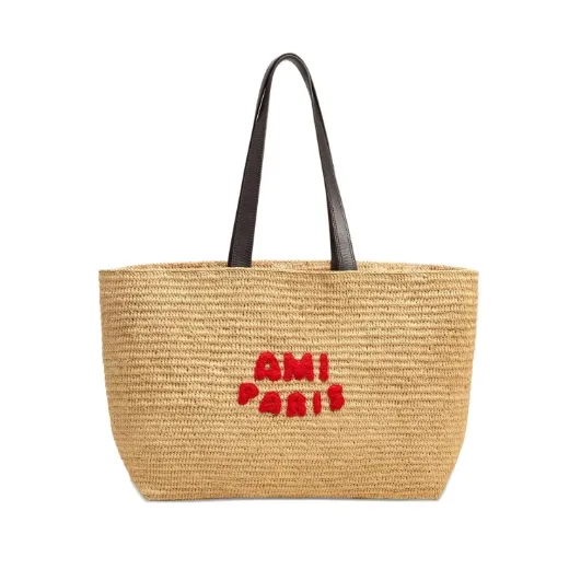 AMI PARIS logo刺绣拉菲草托特包