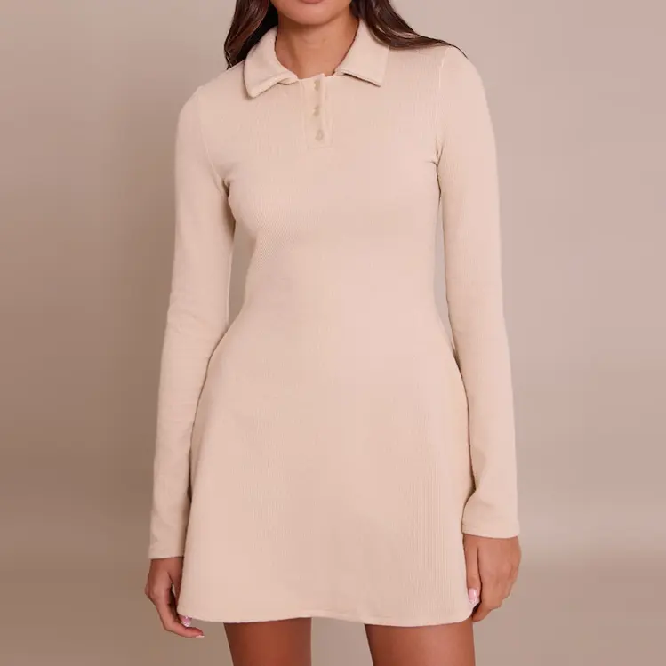 PrettyLittleThing 奶油色罗纹长袖直筒连衣裙