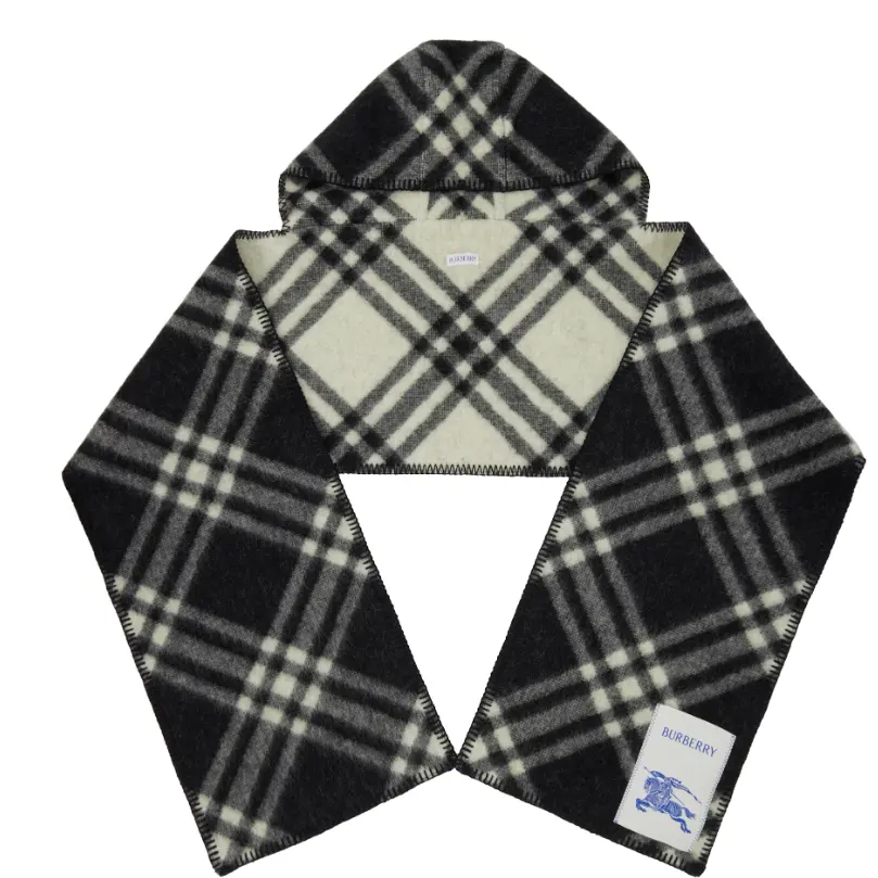 Burberry 黑色 & 灰白色 Check Hooded 围巾