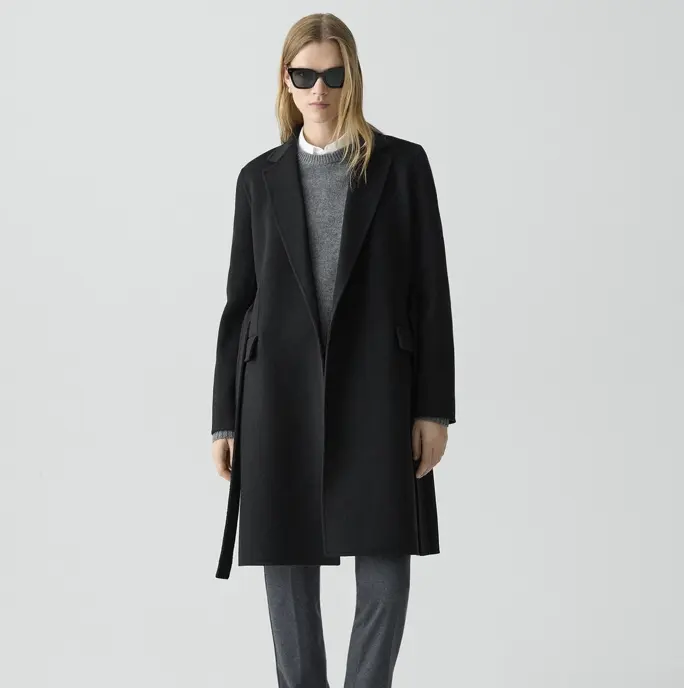 Theory 黑色中长款羊绒羊毛混纺大衣