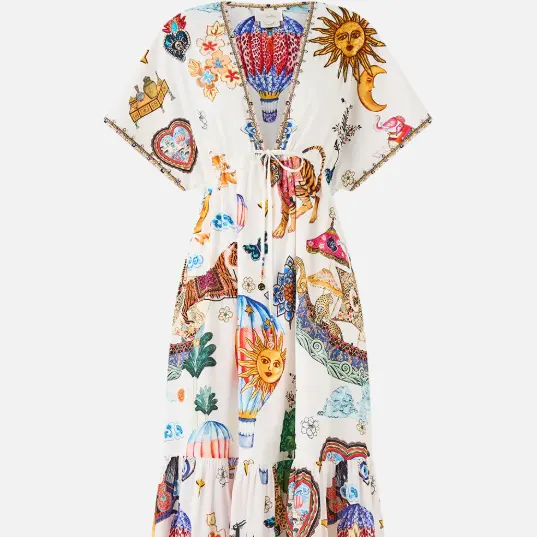 Camilla  V领刺绣中长连衣裙