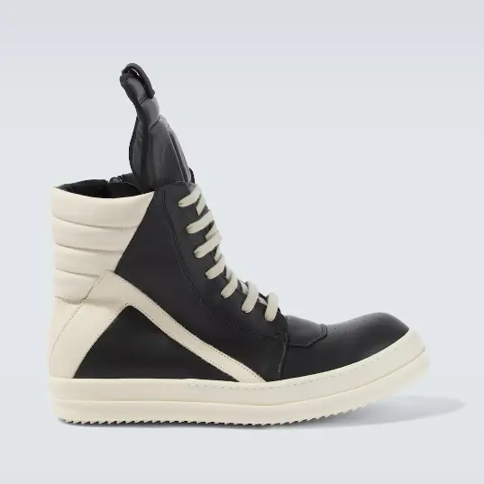 宁艺卓同款 RICK OWENS 黑白配色皮革高帮运动鞋