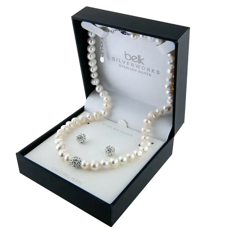 Belk Sterling Silver 淡水珍珠水晶项链配耳钉套装