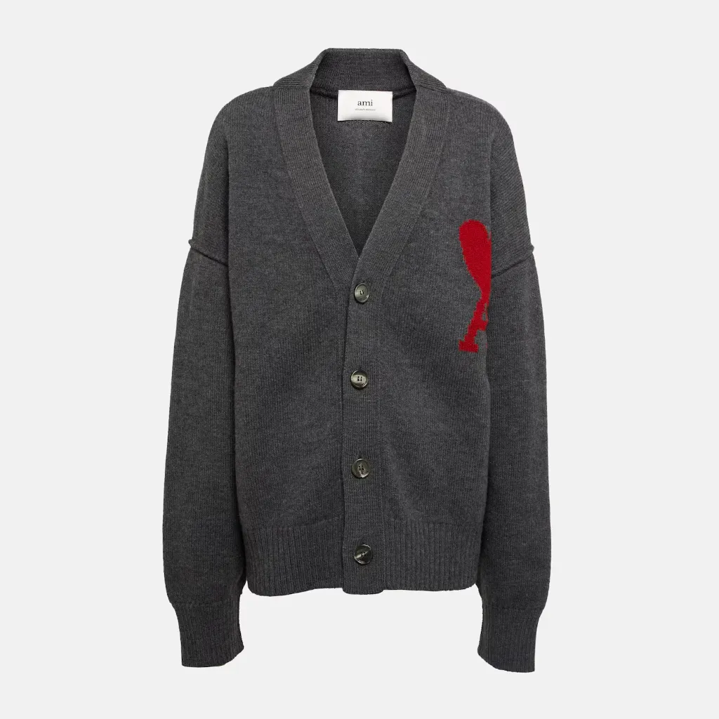 AMI PARIS 爱心徽标灰色V领开衫