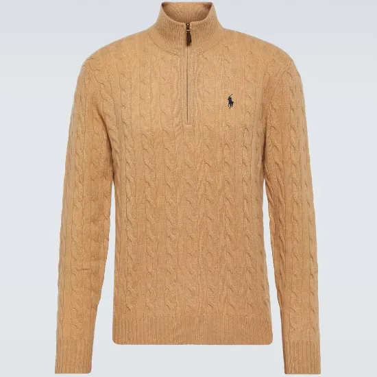 POLO RALPH LAUREN 棕色半拉链小马绞花毛衣