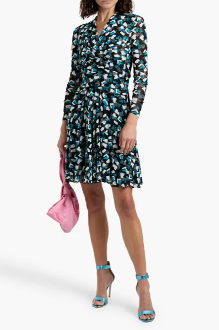 DVF Brenda 裹身印花弹力网纱迷你连衣裙