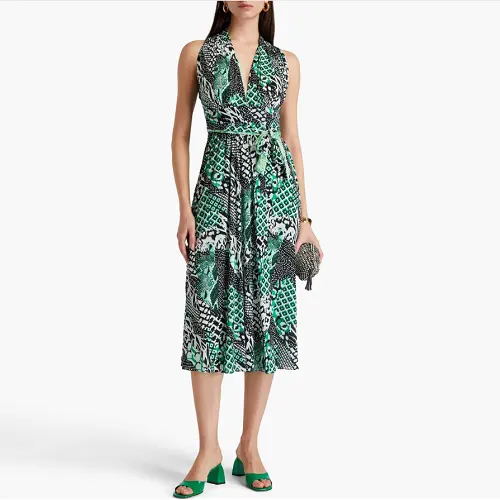 DVF Pia 双面印花弹力网纱中长裹身裙