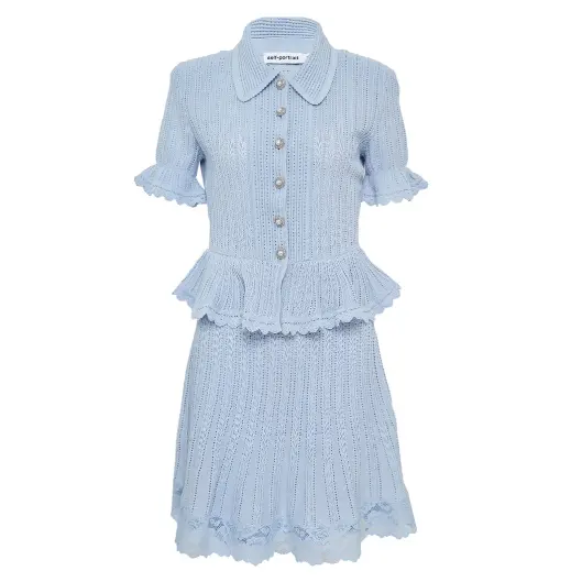 Self-Portrait 蓝色镂空褶边针织连衣裙