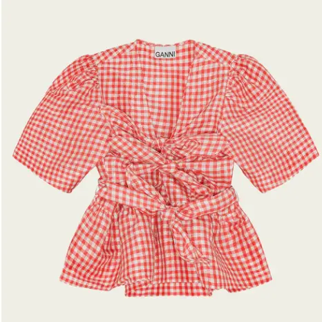 Ganni 泡泡袖 红色格子上衣
