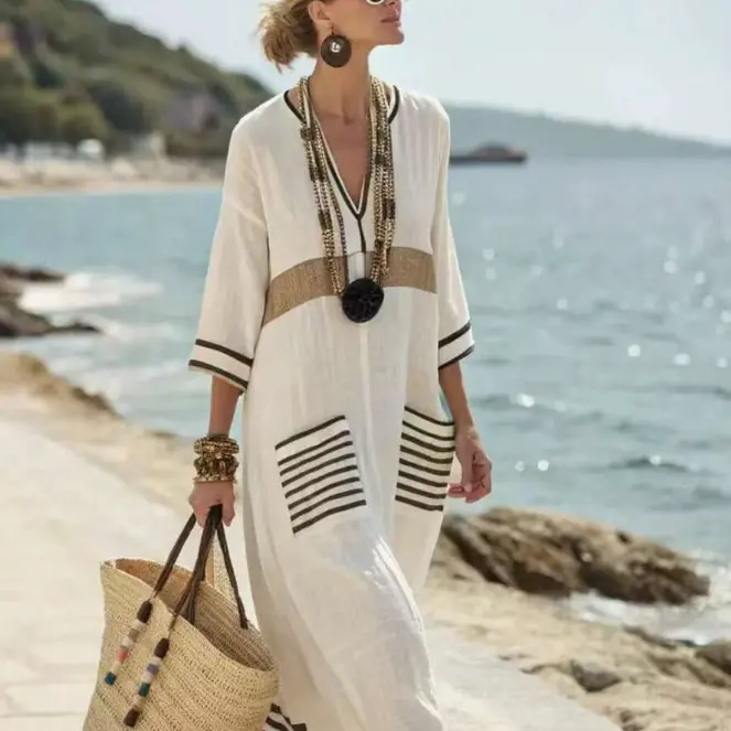 SHEIN V领七分袖印花宽松休闲长裙